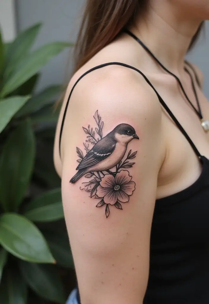 50 Sparrow Tattoos with Symbolism and Artistic Styles - 28. Vintage Floral Sparrow
