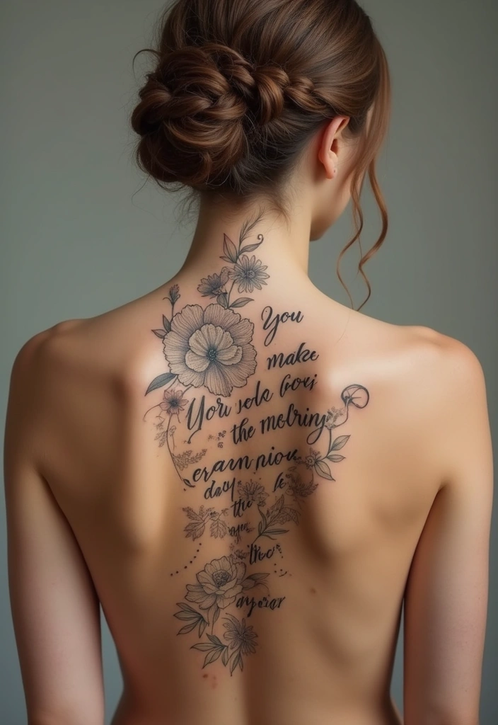 99 Stunning Spine Tattoos for Women to Inspire Your Next Ink - 28. Scripted Floral