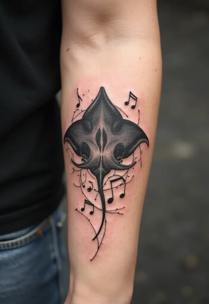 50 Stingray Tattoo Designs and Their Symbolic Meanings - 28. Abstract Stingray with Music Notes