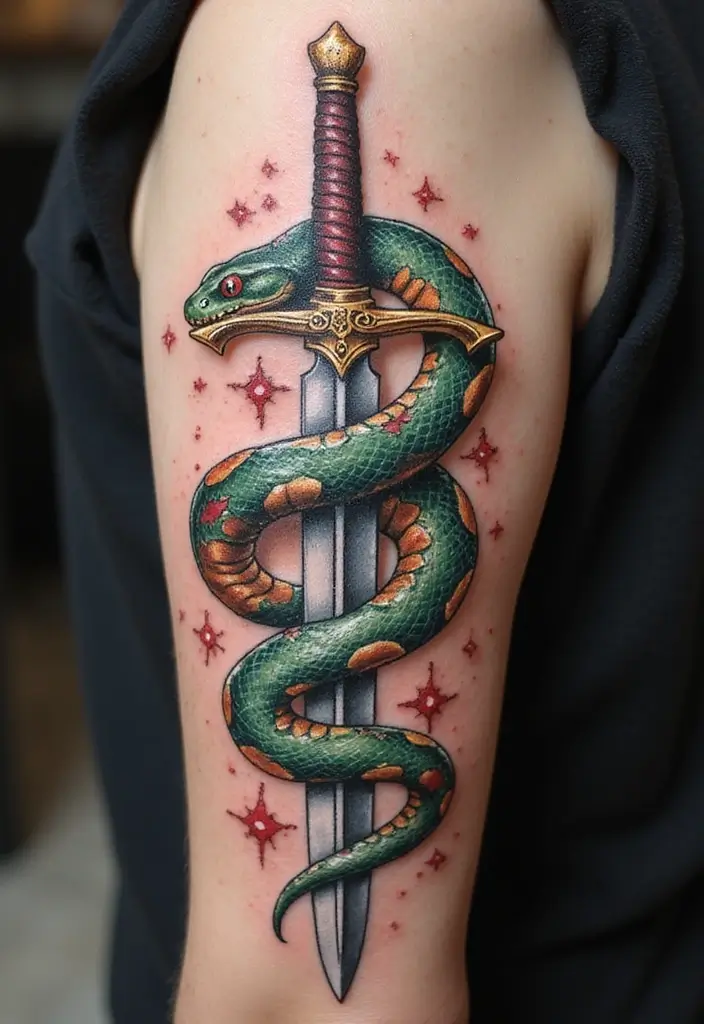 50 Sword Tattoo Designs and Symbolism to Inspire Your Next Ink 28 50 Sword Tattoo Designs and Symbolism to Inspire Your Next Ink - 28. Sword with a Snake