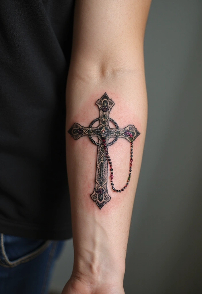 50 Cross Tattoo Ideas for Men and Women with Deep Meaning - 29. Cross with a Rosary