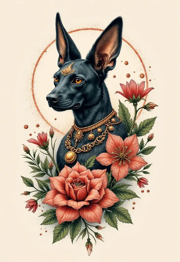 30 Anubis Tattoo Designs with Ancient Egyptian Symbolism 29 30 Anubis Tattoo Designs with Ancient Egyptian Symbolism - 29. Anubis in a Floral Design