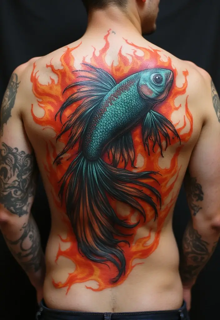 50 Betta Fish Tattoo Ideas with Unique and Colorful Designs 29 50 Betta Fish Tattoo Ideas with Unique and Colorful Designs - 29. Betta Fish with Flames