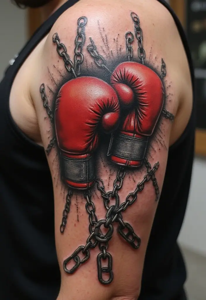 50 Boxing Gloves Tattoo Designs That Embody Strength and Courage! 29 50 Boxing Gloves Tattoo Designs That Embody Strength and Courage! - 29. Boxing Gloves and Chains