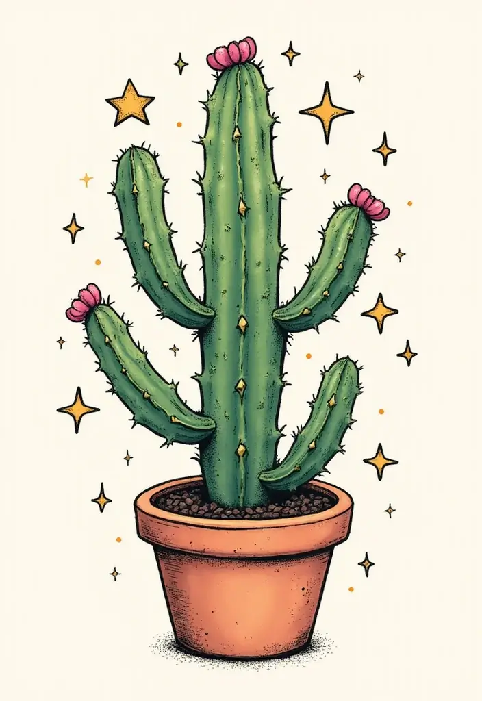 50 Cactus Tattoo Ideas with Minimalist and Symbolic Styles 29 50 Cactus Tattoo Ideas with Minimalist and Symbolic Styles - 29. Cactus and Stars