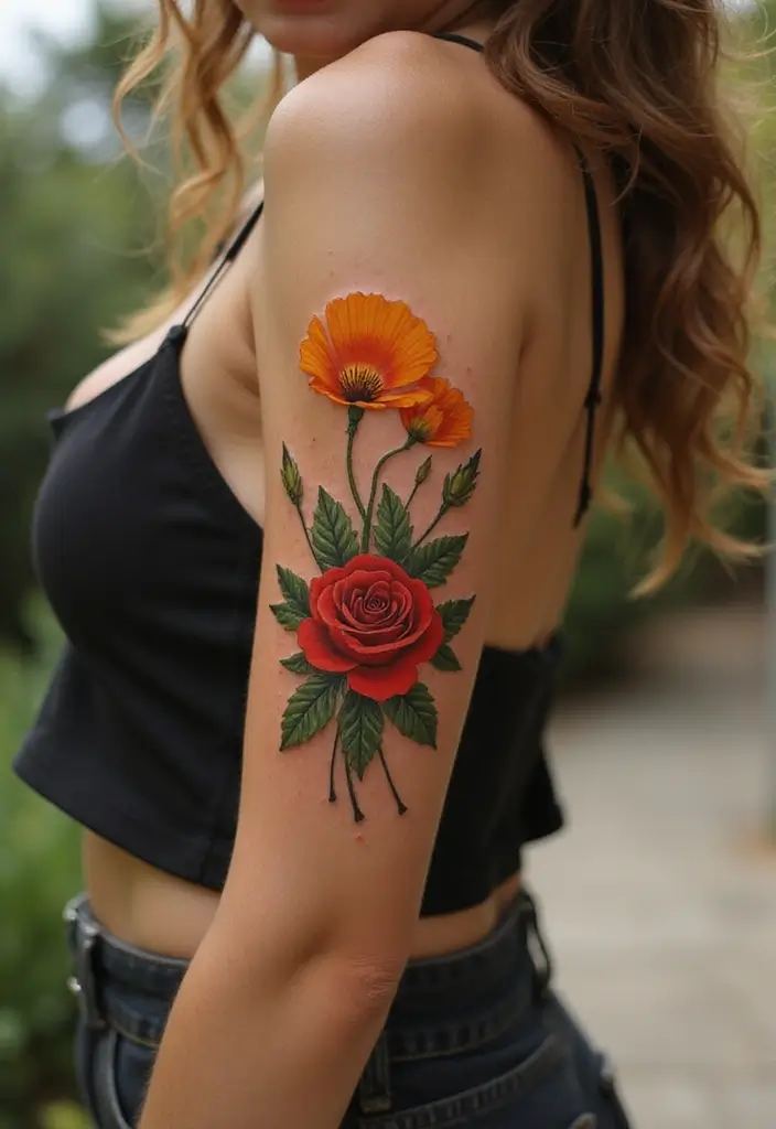 50 California Poppy Tattoo Ideas with Symbolism and Beauty - 29. California Poppy with a Rose
