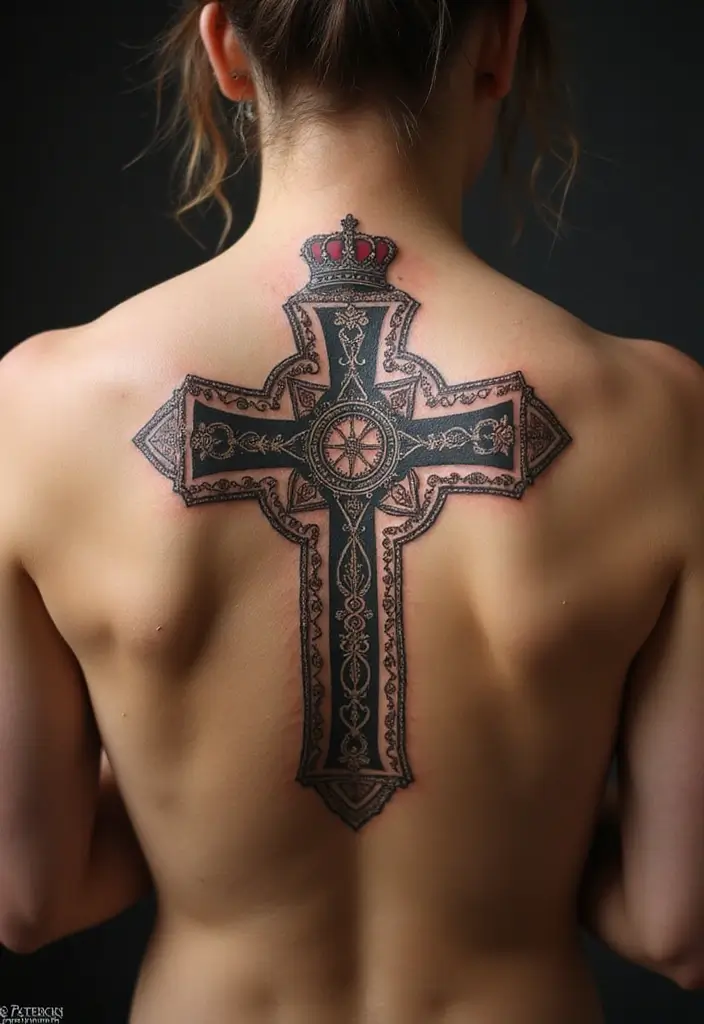 50 Christian Back Tattoos with Meaningful and Powerful Designs - 29. The Cross and Crown
