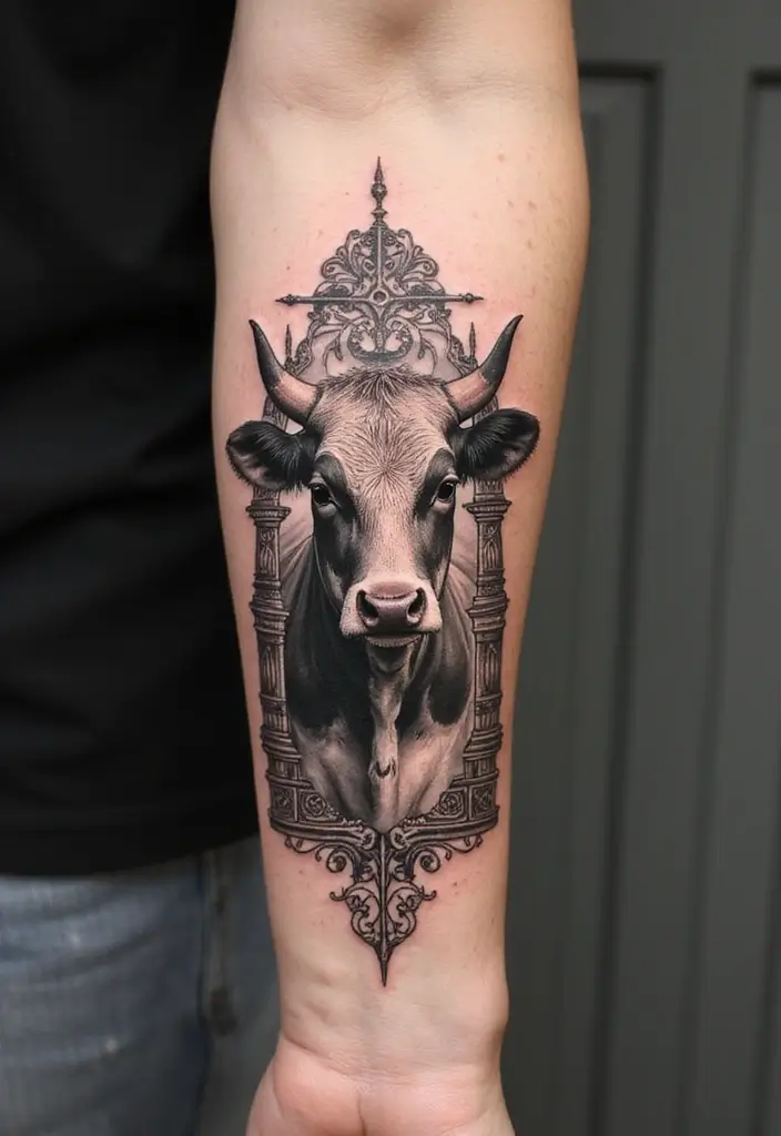 50 Cow Tattoo Designs with Fun and Unique Symbolism - 29. Cow with Architectural Elements
