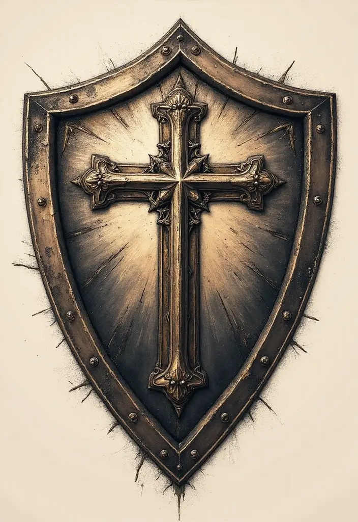 50 Cross Tattoo Meaning Inspirations and Symbolism Explained - 29. The Cross and Shield: Protection and Faith