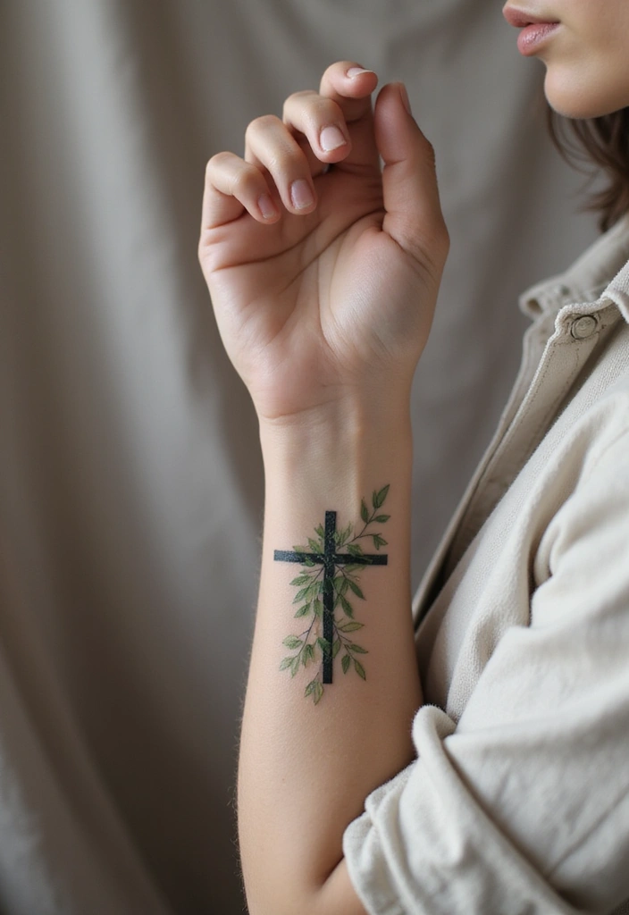 30 Cross Tattoos on Wrist with Meaningful and Elegant Designs 29 30 Cross Tattoos on Wrist with Meaningful and Elegant Designs - 29. Cross with Leaves Tattoo