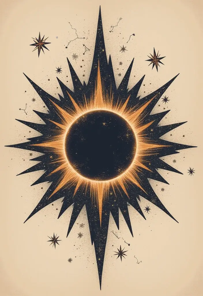 50 Eclipse Tattoo Designs with Powerful Meaning and Symbolism - 29. Eclipse with Stars