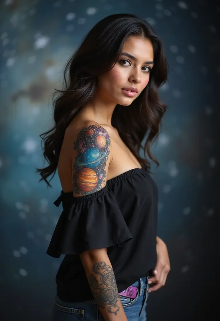 50 Front Shoulder Tattoos for Females That Are Stylish and Bold 29 50 Front Shoulder Tattoos for Females That Are Stylish and Bold - 29. Cosmos and Galaxy