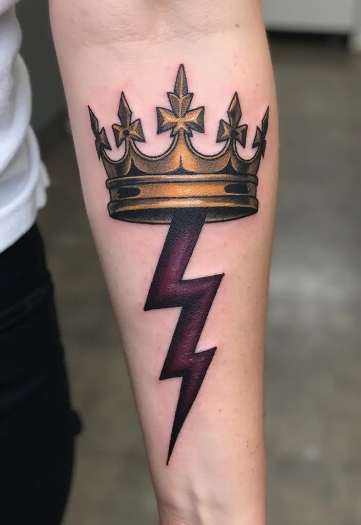 50 Lightning Bolt Tattoos with Bold and Striking Designs 29 50 Lightning Bolt Tattoos with Bold and Striking Designs - 29. Lightning Bolt with a Crown