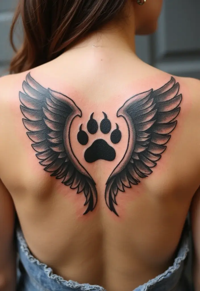 30 Loyalty Over Love Tattoos and Their Symbolism - 29. Angel Wings with a Paw Print