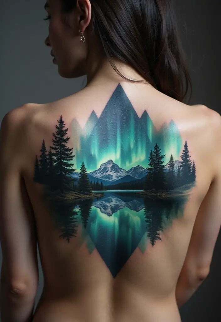 50 Mountain Tattoo Ideas with Powerful and Minimalist Designs 29 50 Mountain Tattoo Ideas with Powerful and Minimalist Designs - 29. Mountain Landscape with Northern Lights
