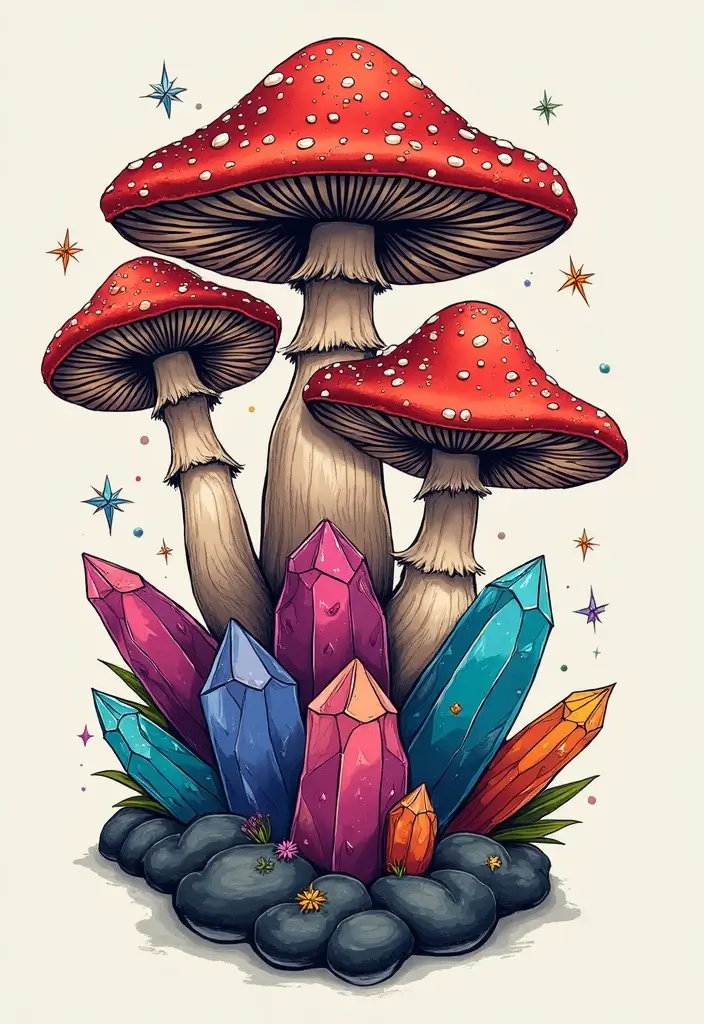50 Unique Mushroom Tattoo Ideas That'll Leave You Inspired and Curious About Their Symbolism! 29 50 Unique Mushroom Tattoo Ideas That'll Leave You Inspired and Curious About Their Symbolism! - 29. Mushrooms Surrounded by Crystals