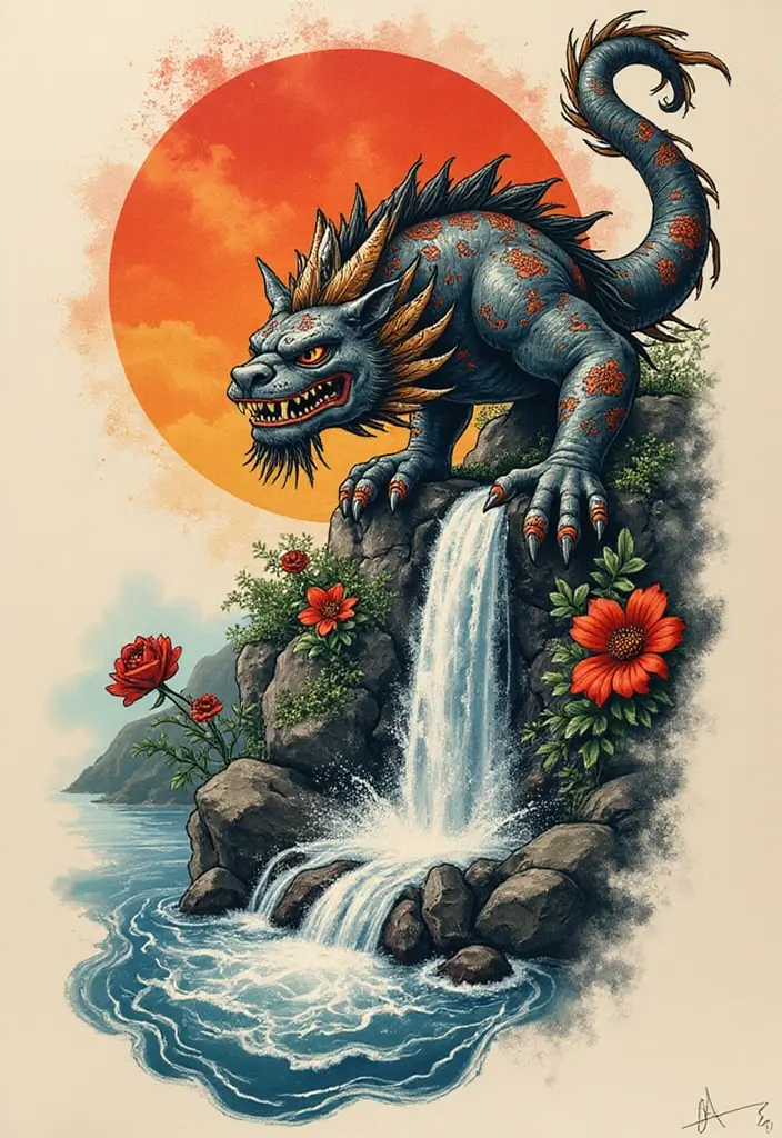 50 Oni Tattoo Designs with Powerful Japanese Symbolism 29 50 Oni Tattoo Designs with Powerful Japanese Symbolism - 29. Oni with a Waterfall