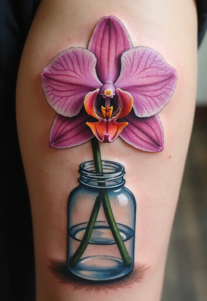 30 Orchid Tattoos That Represent Elegance and Beauty - 29. Orchid Blossom in a Jar Tattoo