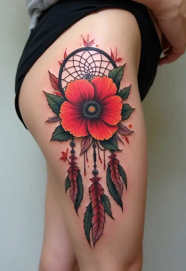 30 Poppy Tattoo Ideas with Symbolic Meanings 29 30 Poppy Tattoo Ideas with Symbolic Meanings - 29. Poppy and Dreamcatcher