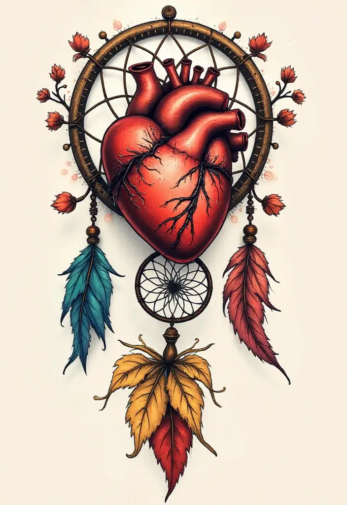 30 Sacred Heart Tattoo Ideas with Spiritual Symbolism 29 30 Sacred Heart Tattoo Ideas with Spiritual Symbolism - 29. Sacred Heart with a Dreamcatcher