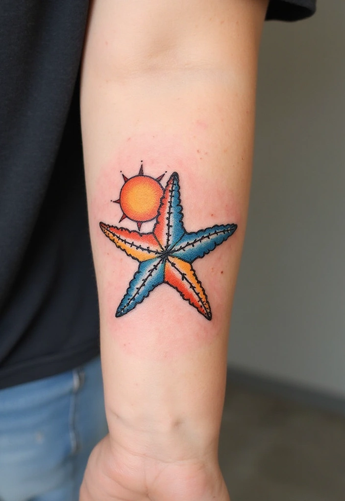 30 Simple Starfish Tattoo Ideas with Minimalist Symbolism 29 30 Simple Starfish Tattoo Ideas with Minimalist Symbolism - 29. Starfish with a Sun