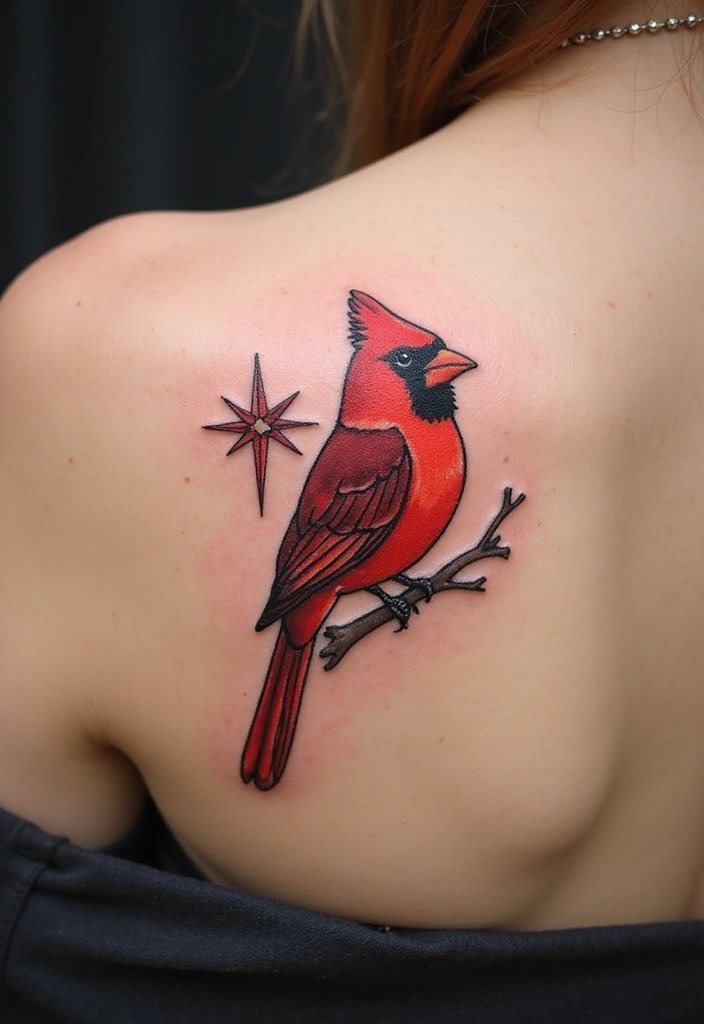 30 Small Cardinal Tattoos for Unique Inspiration 29 30 Small Cardinal Tattoos for Unique Inspiration - 29. Cardinal with a Star
