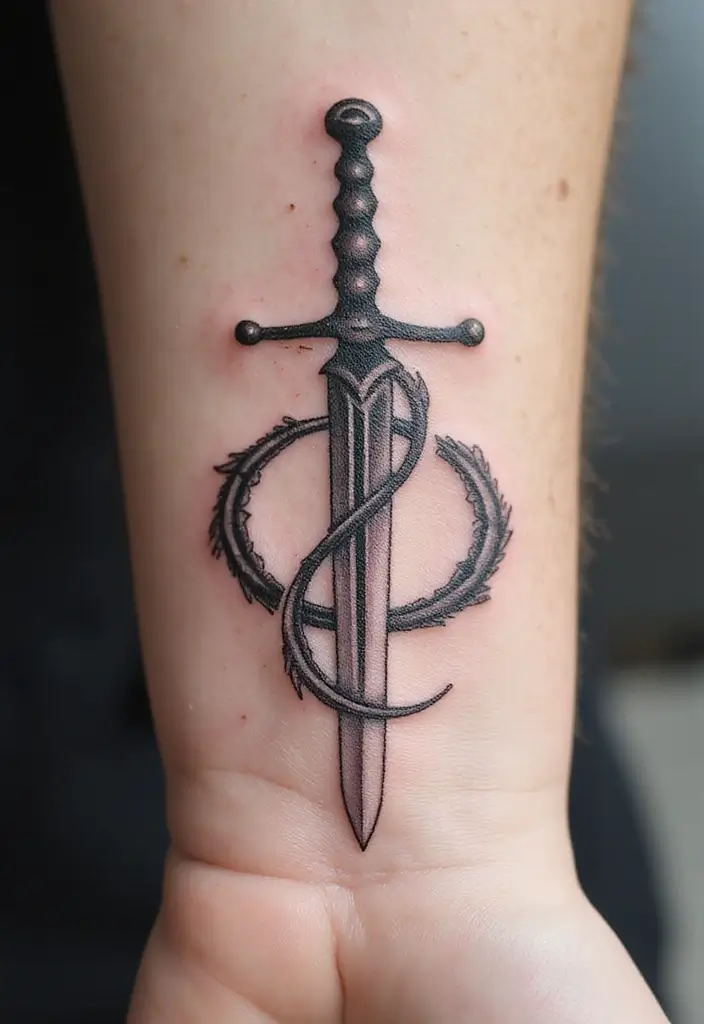 50 Sword Tattoo Designs and Symbolism to Inspire Your Next Ink 29 50 Sword Tattoo Designs and Symbolism to Inspire Your Next Ink - 29. Sword with Infinity Symbol
