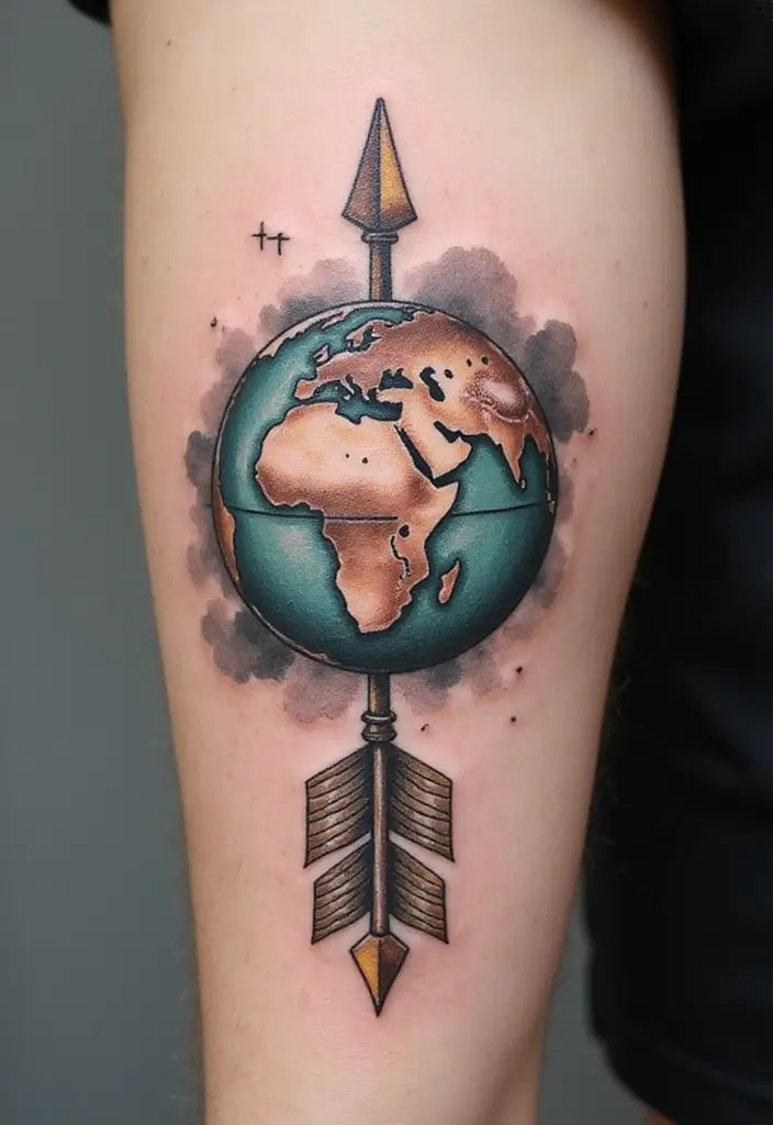 30 Symbolism of Arrow Tattoo Ideas You Should Know 29 30 Symbolism of Arrow Tattoo Ideas You Should Know - 29. Arrow and a Globe