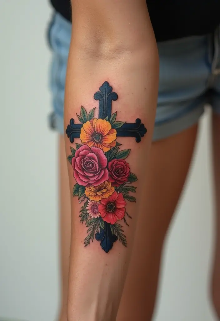 50 Cross Tattoo Ideas for Men and Women with Deep Meaning - 2. Cross with Floral Accents