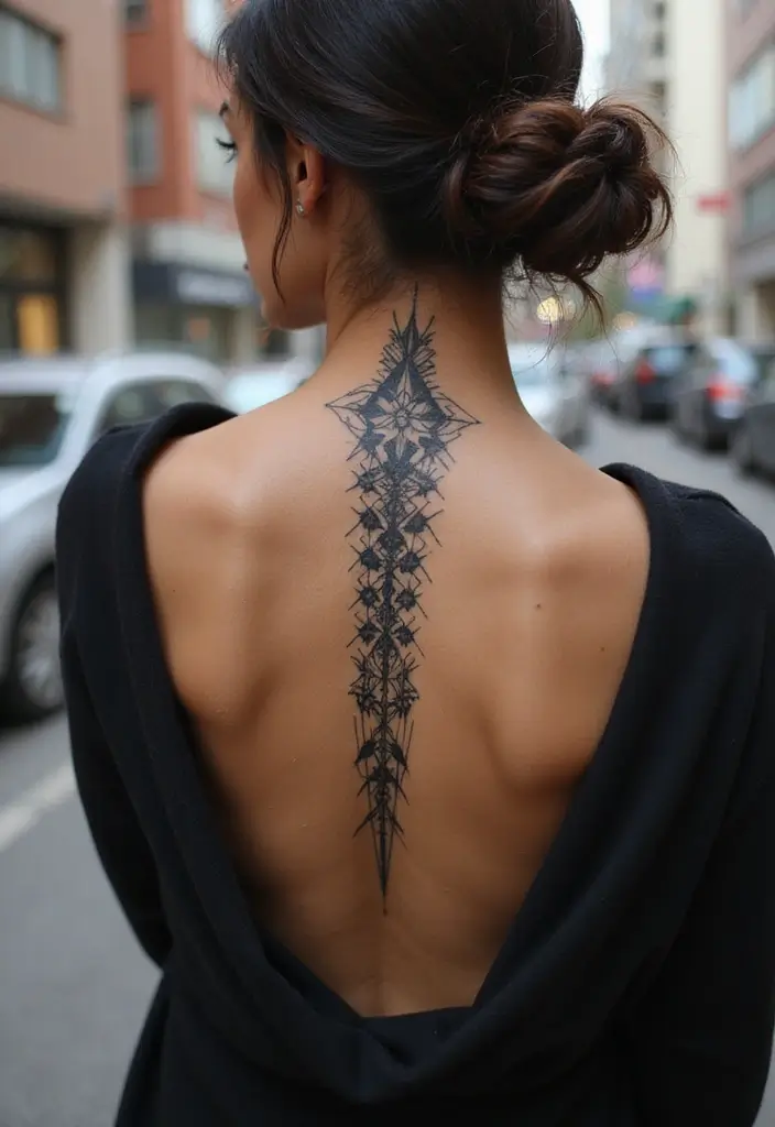 50 Baddie Women’s Spine Tattoos That Look Absolutely Stunning - 2. Geometric Patterns