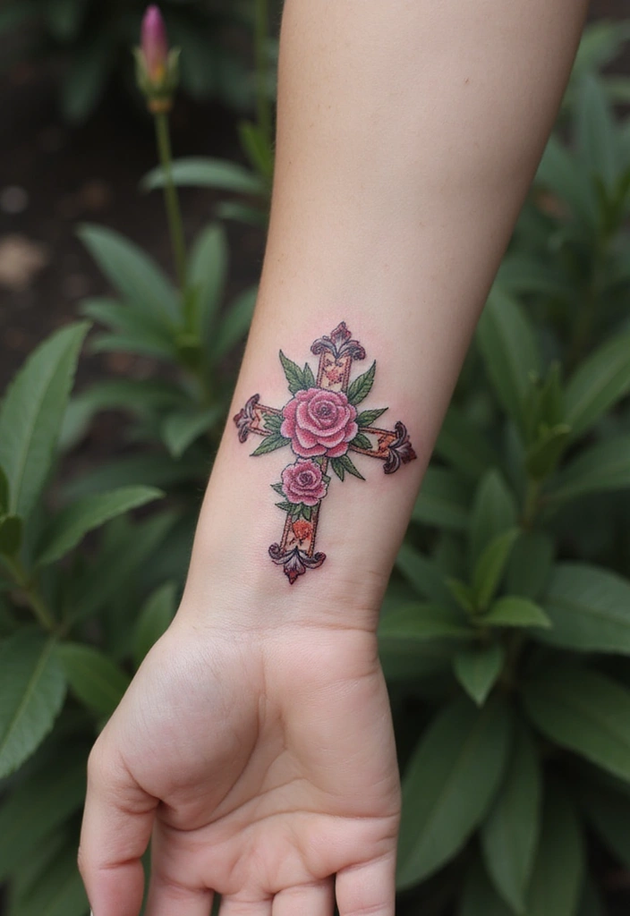 30 Cross Tattoos on Wrist with Meaningful and Elegant Designs 2 30 Cross Tattoos on Wrist with Meaningful and Elegant Designs - 2. Floral Cross Design