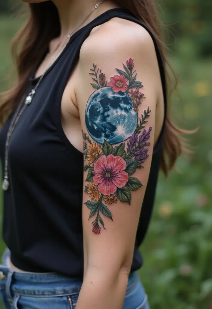 30 Moon Phase Tattoo Ideas with Symbolism and Elegant Designs 2 30 Moon Phase Tattoo Ideas with Symbolism and Elegant Designs - 2. Full Moon with Floral Elements