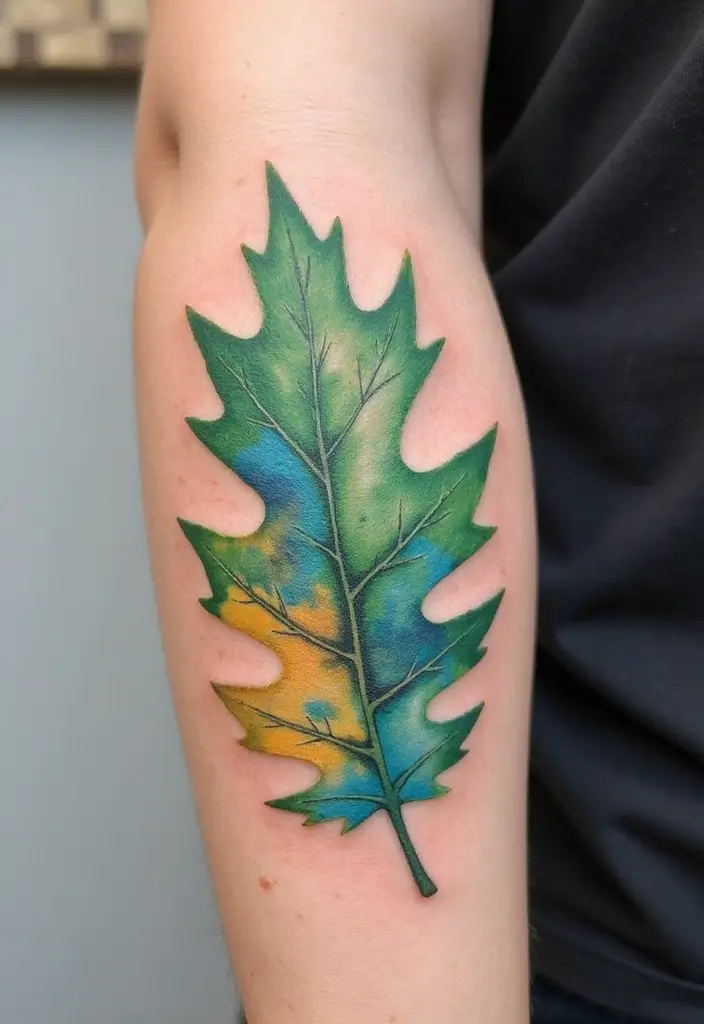 30 Oak Leaf Tattoo Designs with Nature-Inspired Symbolism - 2. Watercolor Oak Leaf Tattoo