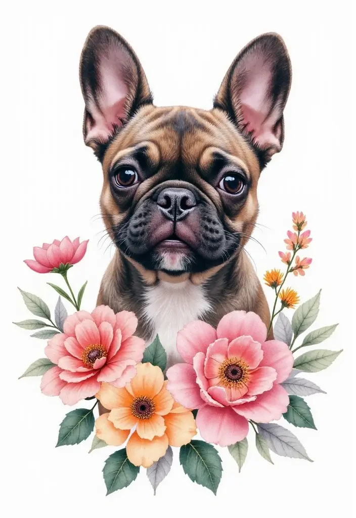 30 Realistic English and French Bulldog Tattoos You’ll Love - 2. French Bulldog with Floral Accents