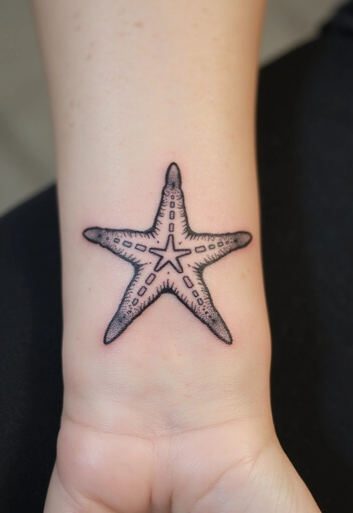 30 Simple Starfish Tattoo Ideas with Minimalist Symbolism 2 30 Simple Starfish Tattoo Ideas with Minimalist Symbolism - 2. Starfish Outline on the Wrist