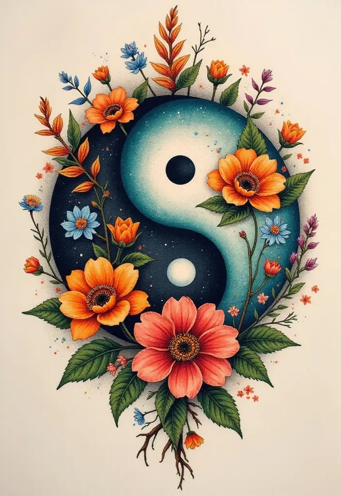 50 Yin Yang Tattoo Ideas with Balance and Harmony Symbolism - 2. Floral Yin Yang