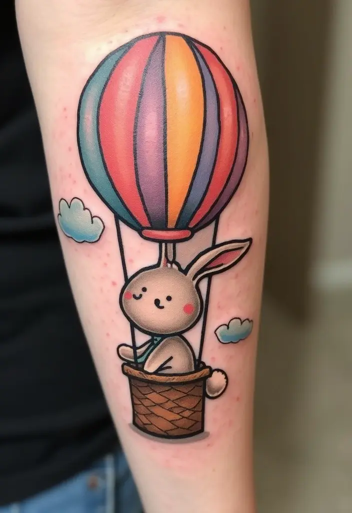 50 Bunny Tattoo Meaning Inspirations for Cute and Creative Designs - 30. Bunny in a Hot Air Balloon