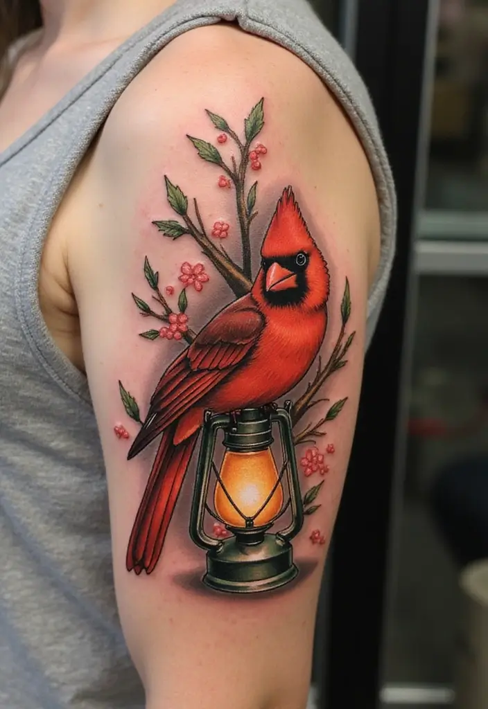50 Cardinal Tattoo Ideas with Symbolism and Beautiful Designs - 30. Cardinal with a Lantern