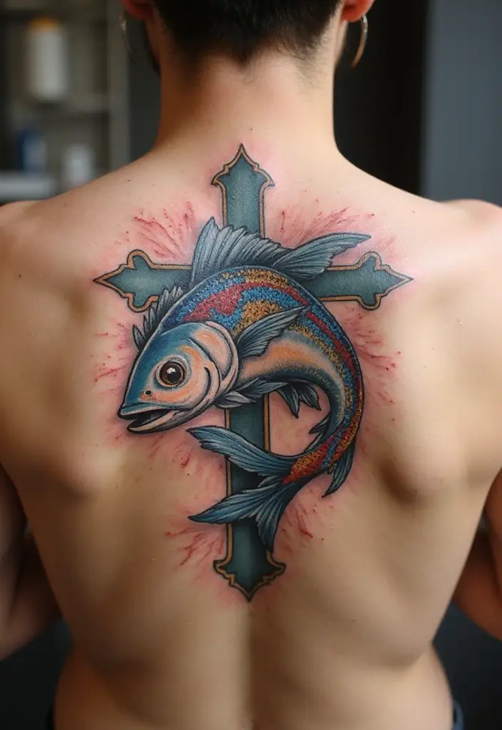 50 Christian Back Tattoos with Meaningful and Powerful Designs - 30. The Jesus Fish with Cross