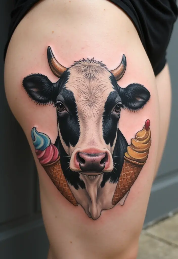 50 Cow Tattoo Designs with Fun and Unique Symbolism - 30. Cow with Sweet Treats