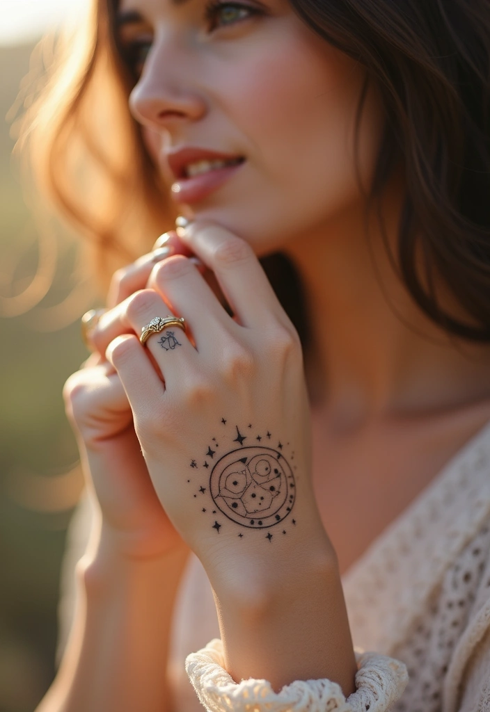 30 Elegant Hand Tattoos for a Chic and Bold Look 30 30 Elegant Hand Tattoos for a Chic and Bold Look - 30. Stylish Zodiac Sign Tattoos