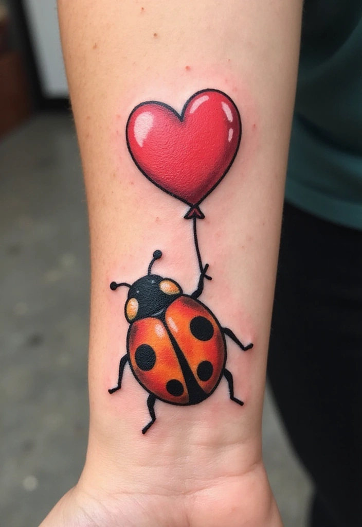 30 Ladybug Tattoo Ideas with Cute and Symbolic Designs 30 30 Ladybug Tattoo Ideas with Cute and Symbolic Designs - 30. Ladybug with a Heart-shaped Balloon