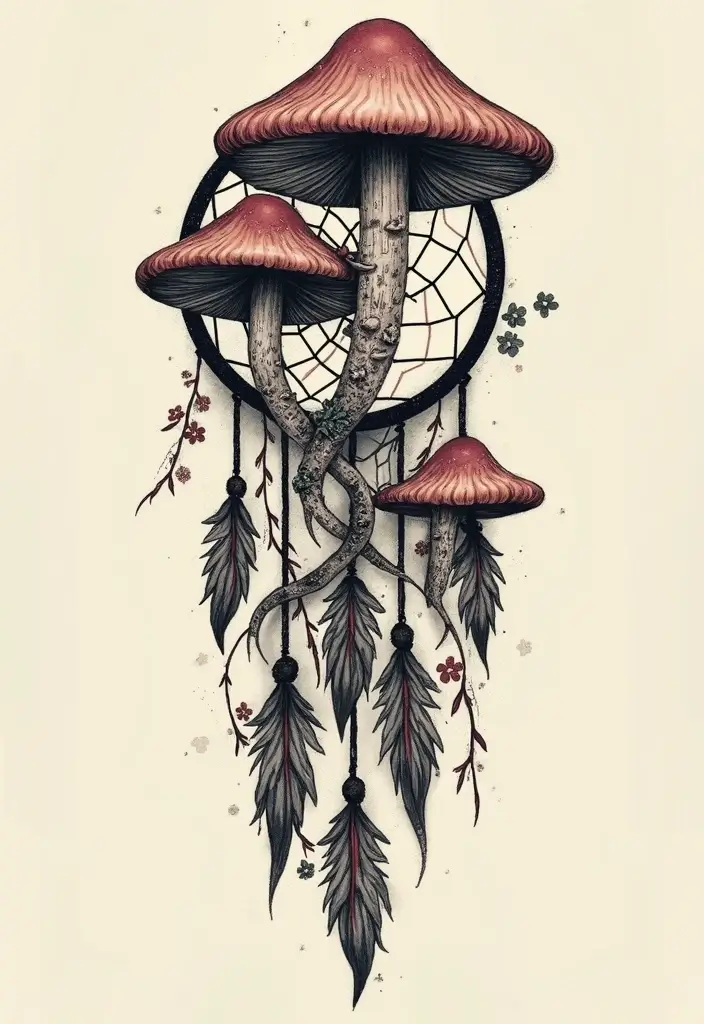 50 Unique Mushroom Tattoo Ideas That'll Leave You Inspired and Curious About Their Symbolism! 30 50 Unique Mushroom Tattoo Ideas That'll Leave You Inspired and Curious About Their Symbolism! - 30. Mushrooms and Dreamcatchers