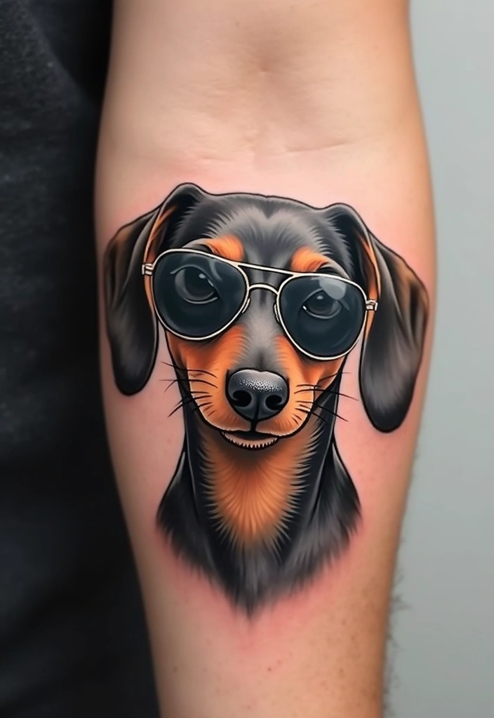50 Small Wiener Dog Tattoos with Cute and Minimalist Designs - 30. Dog with Sunglasses