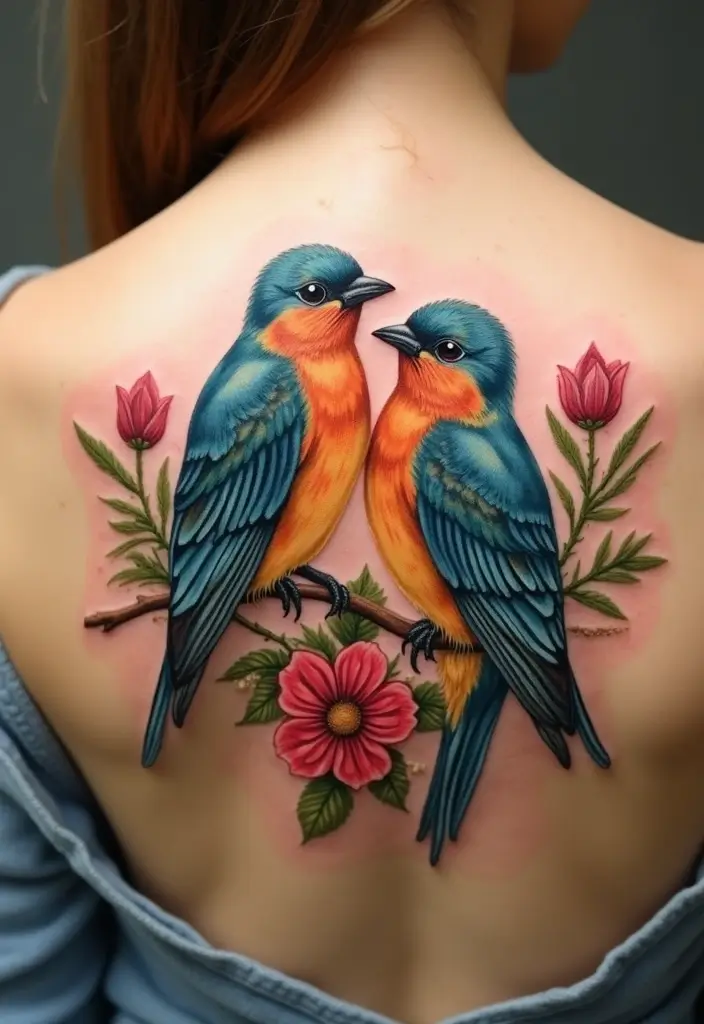 50 Sparrow Tattoos with Symbolism and Artistic Styles - 30. Dual Sparrows with Nature Elements