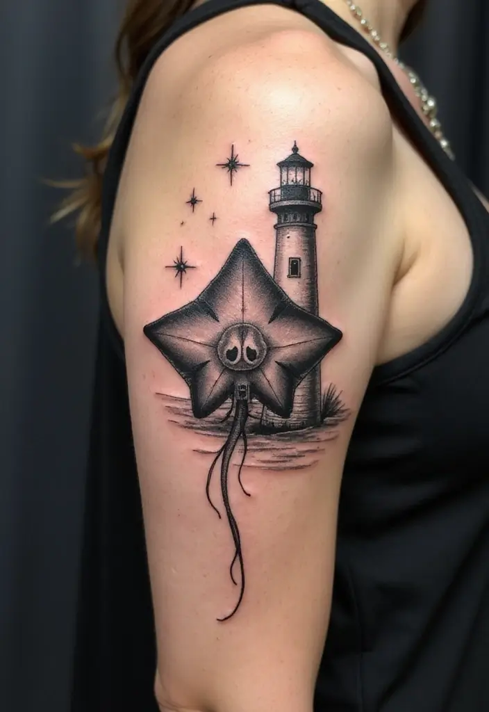 50 Stingray Tattoo Designs and Their Symbolic Meanings - 30. Stingray with a Lighthouse