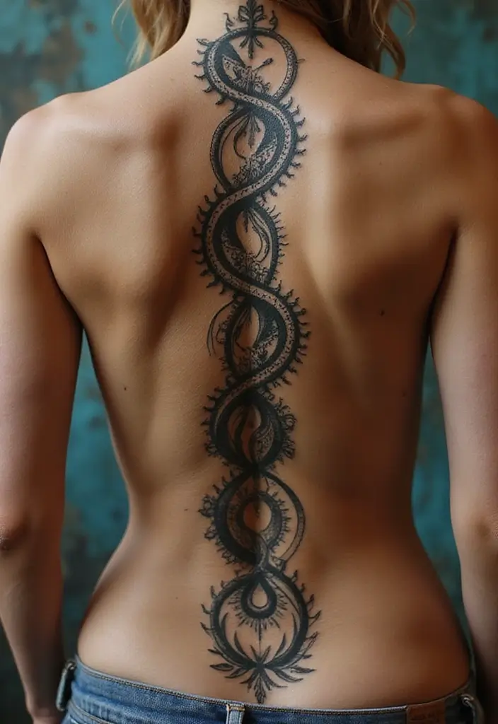 50 Baddie Women’s Spine Tattoos That Look Absolutely Stunning - 31. Intertwined Designs
