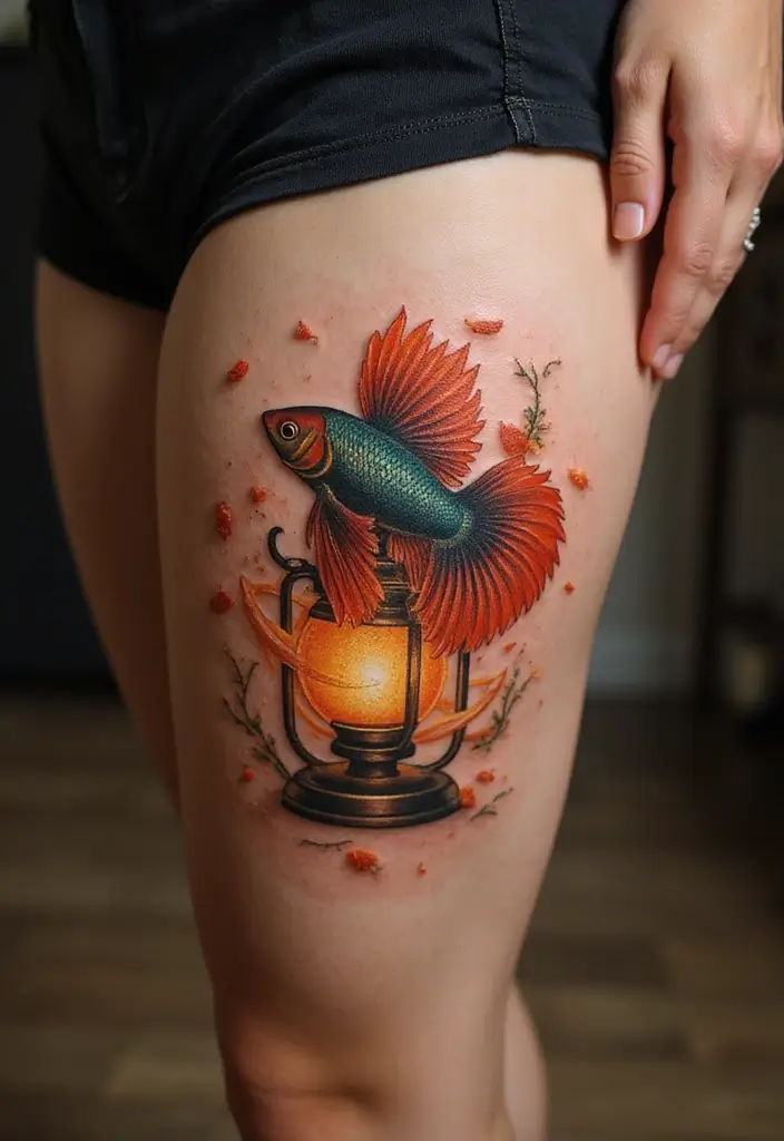 50 Betta Fish Tattoo Ideas with Unique and Colorful Designs 31 50 Betta Fish Tattoo Ideas with Unique and Colorful Designs - 31. Betta Fish with a Lantern