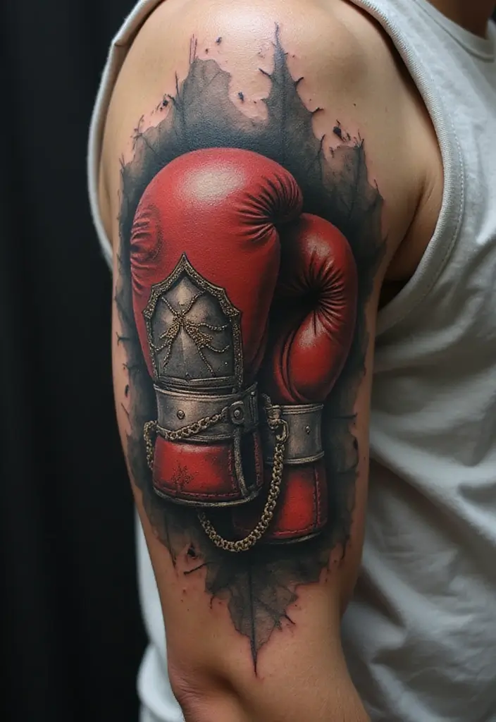 50 Boxing Gloves Tattoo Designs That Embody Strength and Courage! 31 50 Boxing Gloves Tattoo Designs That Embody Strength and Courage! - 31. Representing Strength with Armor