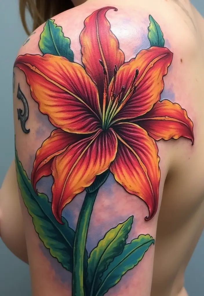50 Stargazer Lily Tattoos with Elegant and Symbolic Designs 31 50 Stargazer Lily Tattoos with Elegant and Symbolic Designs - 31. Rainbow Accents